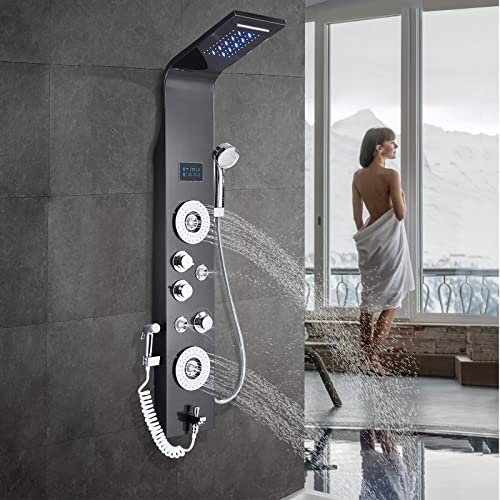 Rozin Duschpaneel Schwarz 6 Funktionen Regendusche Duschset, Duschsystem mit handbrause,Wasserfall Regenduschkopf und Wanneneinlauf