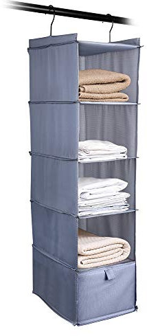 Liesun Wandregal, Hängeregal mit 5 Fächern und 1 Schubladen, Hängeregal, Kleiderschrank, Hängeorganizer, Mehrzweck-Stoff, Grau