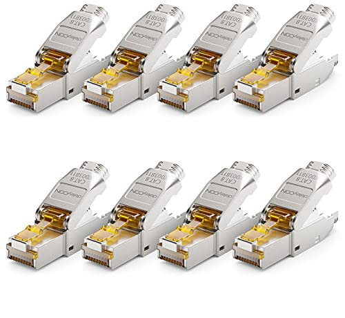 deleyCON 8x CAT 8 Netzwerkstecker RJ45 Werkzeuglos Geschirmt 40 Gbit/s Netzwerk Stecker für Starre Verlegekabel Rohkabel Steckverbinder RJ45 Ethernet LAN DSL Patchkabel