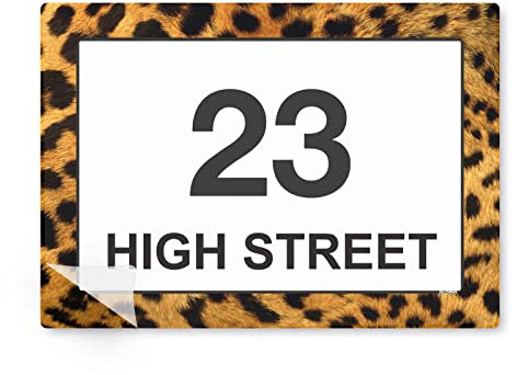 stika.co Aufkleber für Mülltonnen, Leopardenmuster, Hausnummer und Straßenname für Mülleimer und Recyclingbehälter, selbstklebend, Vinyl, A6-148 x 105 mm, laminiertes Vinyl, 4 Stück