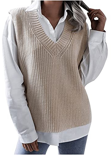 TTivxe Chaleco de punto para mujer con cuello en V, sin mangas, de punto fino