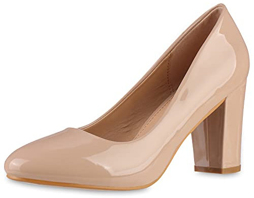 VAN HILL Damen Klassische Pumps Blockabsatz Schuhe Elegante Lack Absatzschuhe Party Freizeit Abendschuhe 201567 Nude Lack 37