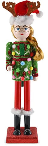 Ornativity Weihnachten Ugly Sweater Nussknacker - Rot und Grün Holz Nussknacker Frau mit einem hässlichen Pullover und Rentierhut Xmas Thema Urlaub Nussknacker Puppe Figur Dekorationen