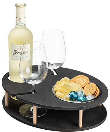 INEXTERIOR WeinBar - Weinhalter für die Couch - Handgefertigt in Deutschland - Couchbar - Sofatablett - Weinregal - Snackschale - Snackhalter (Schwarz, Mit Gravur)