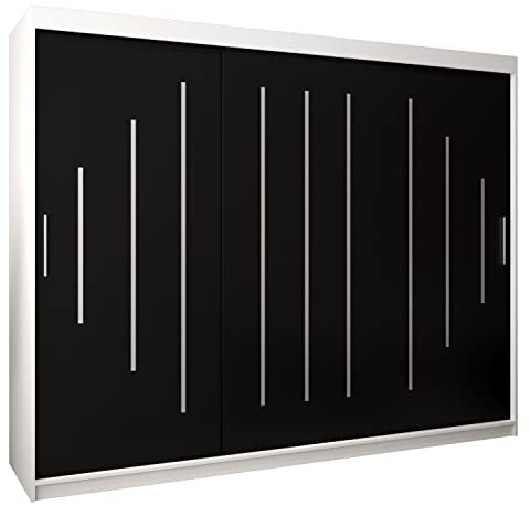 Kryspol Schwebetürenschrank York 250 cm Kleiderschrank mit Kleiderstange und Einlegeboden Schlafzimmer- Wohnzimmerschrank Schiebetüren Modern Design (Weiß + Schwarz)