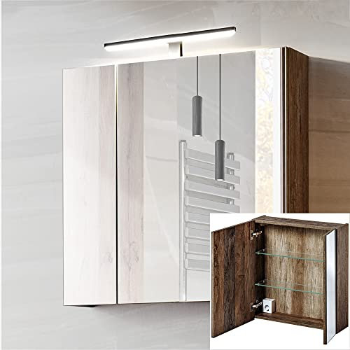 Lomadox Badezimmer Spiegelschrank in Vintage Oak Eiche, 2-türig, LED Beleuchtung, Schalter, Steckdose B/H/T: 60/65-75/17cm