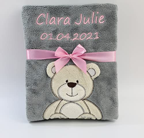 BotoBaby® - Babydecke mit Namen und Geburtsdatum - Geschenk Taufe Geburt ★ (Grau - Teddybär)