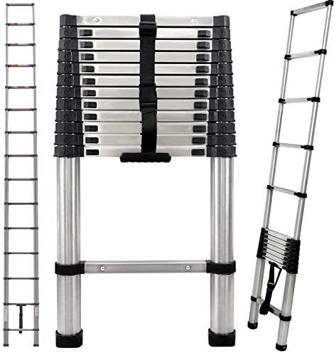 Scaletta telescopica da 3,8 m, scaletta telescopica multiuso in acciaio inox a 13 gradini per pulizia delle grondaie, scala pieghevole a soppalco, scala pieghevole a scomparsa