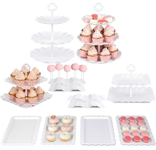 NWK Pack of 10 Reusable Cake Stand, Cupcake Stand, with 2X Large 2-Tier Cupcake Stands + 2X Large 3-Tier Cupcake Stands + 4 x Appetizer Trays +2 x Cake Pop Stands Perfect for Birthday