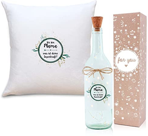 OWLBOOK Superkraft Mama Euka Geschenkset Flaschenlicht und Kissen Geschenke für Mama Muttertagsgeschenke Geburtstagsgeschenk Weihnachtsgeschenke für Mama Geschenk Geburtstag Muttertag Weihnachten