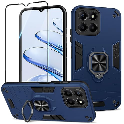 Btstring Coque pour Honor 70 Lite 5G/Honor X6/X8 5G avec Verre Trempé, Etui de Protection Antichoc de Qualité Militaire, Housse avec Anneau Support Métallique, Support de Voiture Compatible, Bleu