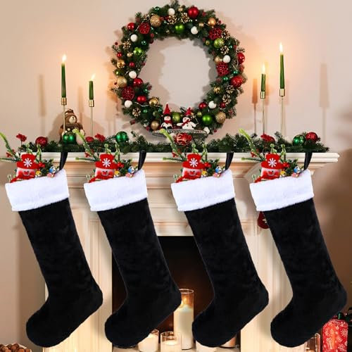 4 Stück 50,8 cm Samt-Weihnachtsstrümpfe schwarz und weiß Weihnachtsstrümpfe Plüsch Kamin hängende Strümpfe Geschenktüten für Weihnachtsbaum Xmas Party
