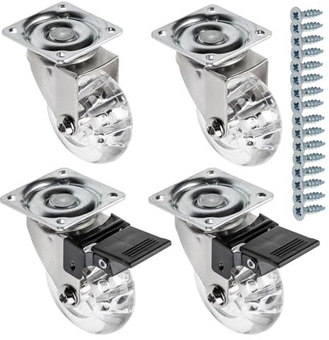 GTV - Möbelrollen BRAZIL, Lenkrollen, 4 Stück set Rollen für Möbel: 2x Rollen mit Bremse, 2x ohne Bremse, aus Stahl und Gummi, +16 konische Schrauben 4x17, Durchmesser: 50 mm, Farbe: Transparent