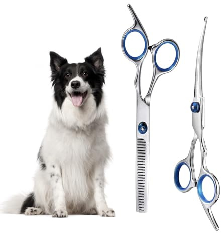 XoeLLe Tijeras Profesionales para Perros y Gatos - 2 Piezas de Acero Inoxidable Con Puntas Redondas de Seguridad - Incluye Tijeras de Entresacado para Mascotas (Azul)
