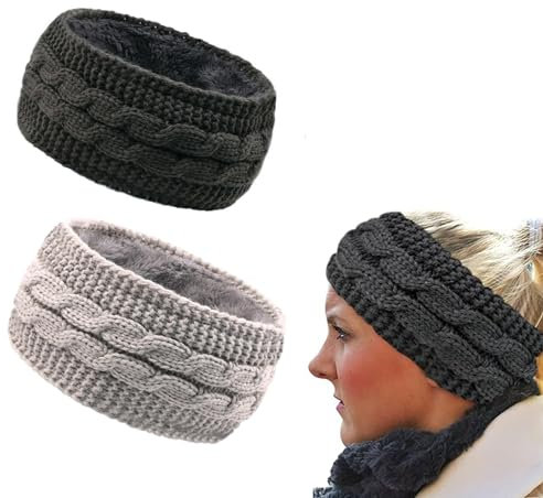 FIBOUND 2 Stück Winter-Stirnbänder für Damen, Gestricktes Stirnband für Damen, Winter-Zopfmuster-Stirnbänder, Thermo-Strick-Stirnbänder, Elastisches Häkel-Thermo-Stirnband, für Damen Sport(2 Farben)