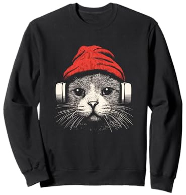 Hipster Katze mit Wintermütze und Kopfhörern Sweatshirt