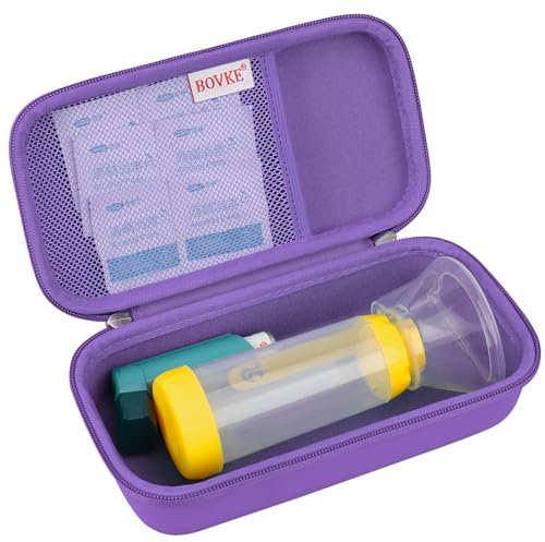 BOVKE Harter Reisekoffer Asthma-Inhalator, Inhalator-Abstandshalter für Kinder und Erwachsene, Masken, Inhalator-Halter Asthma-Tragetasche mit Netztasche für Medizin und anderes Zubehör, lila