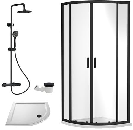 Balterley Quadrant Shower Enclosure with Quadrant Tray, Waste & Thermostatic Shower Kit, 6mm Toughened Safety Glass Door, Bar Handle Sliding Glass Door, Round Showerhead & Handset (Black)