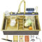 FGNIXLN 68 cm Fregadero de Cocina en Cascada Inteligente Multifuncional Dorado de Acero Inoxidable, con grifo integrado con pantalla digital, lavavasos y juego de accesorios para fregadero