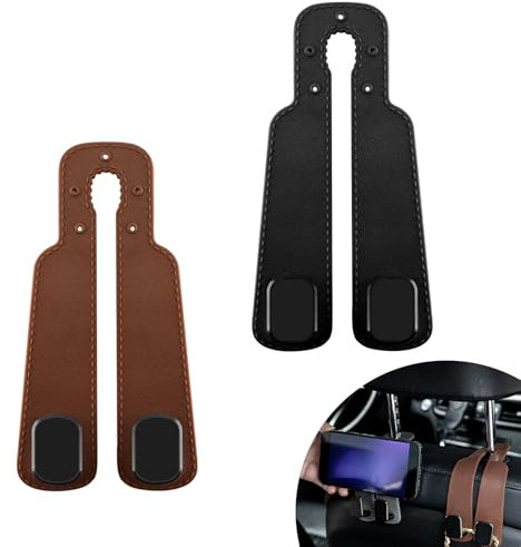 2 Gancio per Poggiatesta Auto,Gancio Borsa Auto in Pelle per Poggiatesta,Doppio Gancio per Schienale Seggiolino Auto,Ganci per Organizer per Seggiolino Auto per Portamonete,Ombrelli (Nero,Marrone)