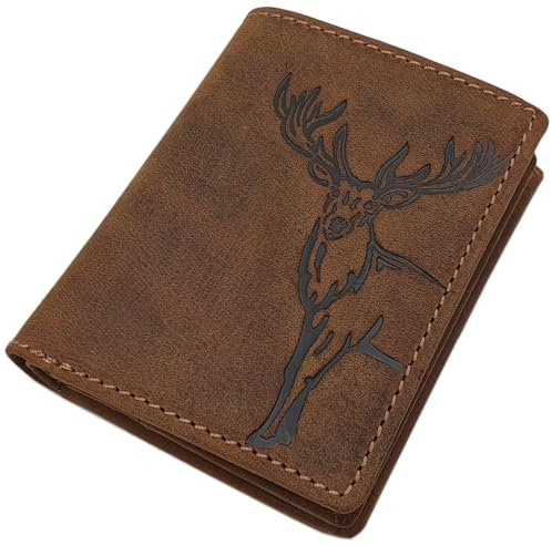 myledershop Kleine Echt Büffel-Vollleder Geldbörse/Geldbeutel/Portemonnaie/Geldtasche in Hochformat mit Hirsch-Motiv oder Wildschwein-Motiv mit RFID & NFC Schutz (Hirsch-Motiv/Braun)