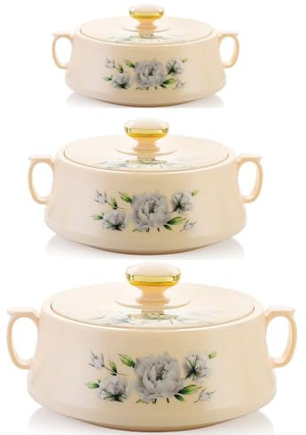 Rishabh Insulated Hot pot Casserole Hot & Cool Food Serving Dish with Lid, Double Wall. Stainless Steel Inside Set of 3 (Size 800,1200 &1700 ml) (Cream)