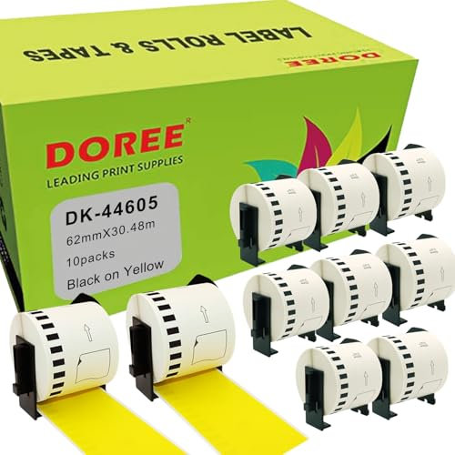 DOREE 10 Rollen DK-44605 Entfernbar Endlos-Etiketten, schwarz auf gelbem Hintergrund, 62 mm × 30,48 m, kompatibel mit Brother QL-500,QL-550,QL-570,QL-700,QL-800,QL-810W,QL-820NWB,QL-1100,QL-1110NWB.