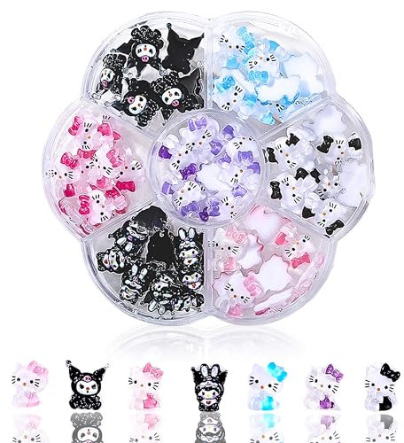 3D Kitty Katze Nail Art Charms, Kuromi Nagelglitzer, Pailletten, Nagelcharms Aus Harz, Nagel-Edelsteinen, Diamanten für Nagelkunst, einschließlich Wachsstift für Strasssteine (Schwarz Kuromi)