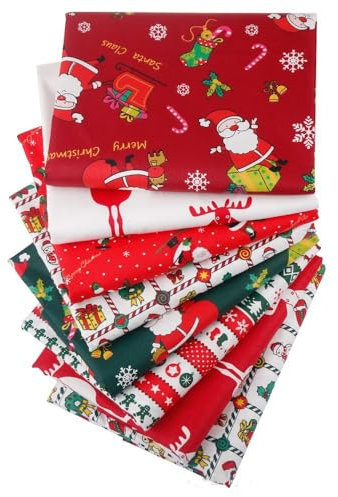 BrightGlow 8 Stück Weihnachtsstoffe 50X50cm Weihnachten Muster Baumwollstoff Stoffe zum Nähen Fat Quarters Fabric Bundles Weihnachtsstil Patchwork Stoffe für Weihnachten DIY Nähe Basteln
