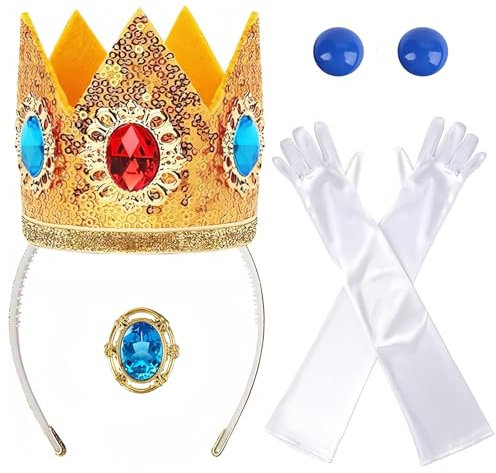 Hmdylyh Prinzessin Peach Kostüm Zubehör,Set Von Prinzessin Peach Krone,Peach Princess Costume mit Krone,Kostümzubehör mit Krone,Ohrringen,Handschuhen,für Mädchen Dekoration, Mardi Gras, Halloween