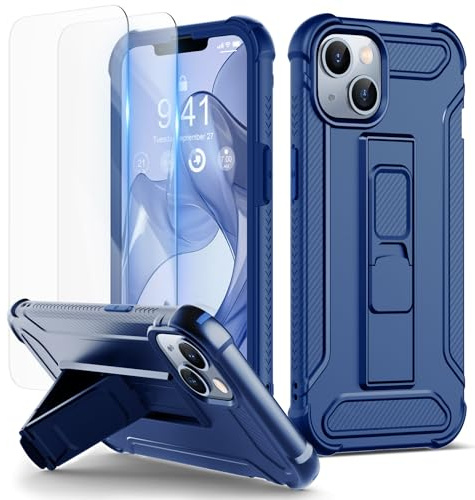 ORETECH for iPhone 14 Case, Built-in Kickstand Phone Holder - Blue | 2 x Tempered Glass Screen Protectors, Heavy Duty Military Grade Drop Shockproof Protection