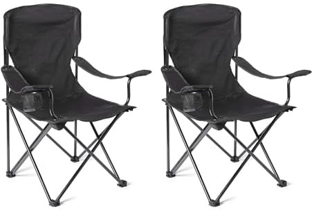Amazon Basics Chaise de Camping Pliable avec Porte-Gobelets - Chaise d'Extérieur avec Armature en Acier, Résistante à l'eau, avec Sac de Transport - 72,5cm x 52,5cm x 93,2cm - Noir - Lot de 2