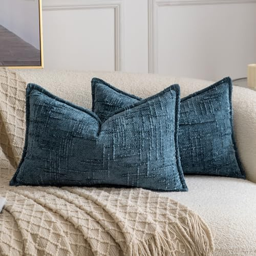 Madizz 2er Set Chenille Dekorativ Kissenbezüge Weiche neutrale Wurfkissen für Sofa Boho Akzent Zierkissenbezüge für Schlafzimmer Wohnzimmer Modernes Zuhause Dekor Blau 40x60 cm