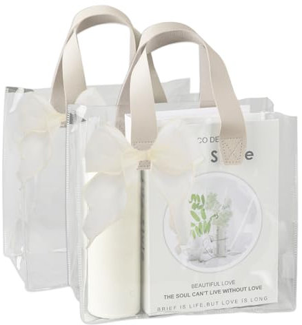 Durchsichtige Tasche, 2 Stück Klare Geschenktüten mit Griffen, PVC Plastik Partytüten mit 2 Schleifen für Geburtstage Hochzeiten Weihnachten(23 * 14 * 25 CM)
