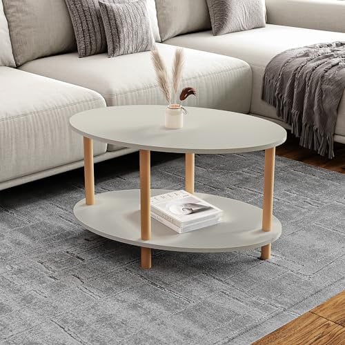 [en.casa] Couchtisch Højreby Sofatisch mit 1 Ablage oval Wohnzimmer 70 x 44 x 43 cm Beine aus Buchenholz Sandsteinfarben