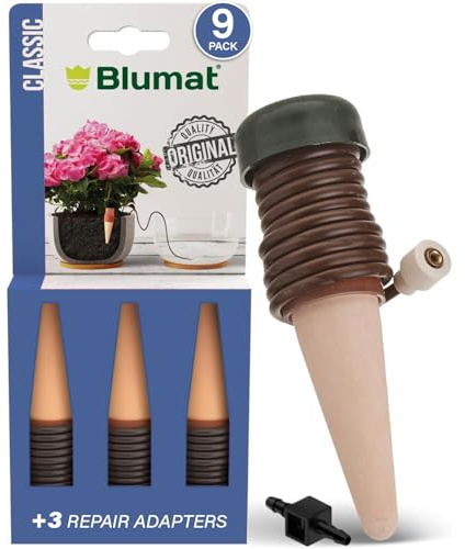 Blumat Classic Self-Watering Stakes - Automatic Drip Irrigation System for Indoor Plant Watering & Outdoor - Water Drip Solution for Potted Plants - Slow Release Stakes, 9 Pack, w Adapter
