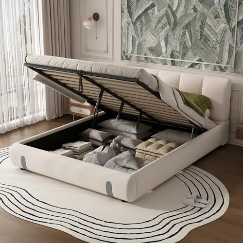 EINHOM Double Bed Frame with Storage, 4ft6 Upholstered Bed with Headboard and Hydraulic, Ottoman Bed for Adults and Teenagers, 135×190cm, MDF + Velvet + Plywood, White, (No Mattress)