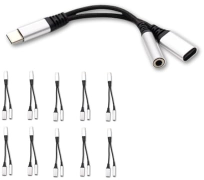 USB-C to 3.5mm Headphone Jack & Charger Splitter – 2-in-1 Audio and Charging Adapter – 13.5cm Cable – USB Type-C Aux Dongle for Lenovo Yoga Slim / ThinkPad X1 Carbon / IdeaPad 5 Pro SILVER (10 Pack)