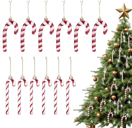 Zocipro 12 Pezzi Palline di Natale Bastoncini di Zucchero Glitter, decorazioni natalizie, Decorazioni Pendenti per Albero di Natale Rosso e Bianco