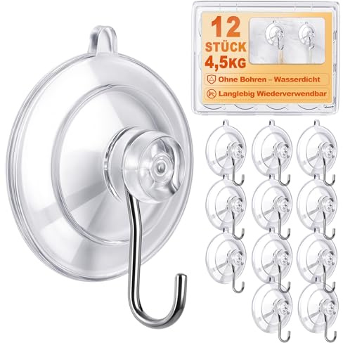 12 Stück Saugnapf Haken - Ø45 mm Bis 4,5kg Saughaken Extra Starker Halt Ohne Bohren, Wasserdicht & Wiederverwendbar für Fliesen Dusche Badezimmer Küche Glas Fenster Camping Auto Weihnachtsdeko