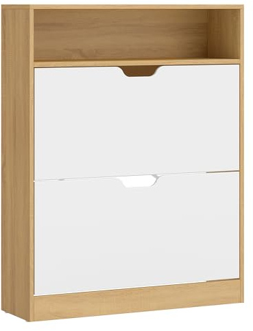 VASAGLE Custos Colección - Zapatero con Compartimiento Abierto y Divisor Ajustable, para Entrada, 2 Puertas Abatibles, 24 x 80 x 102 cm, para 14-16 Pares, Roble Dorado y Blanco Nube LBC048YA02
