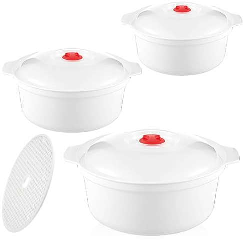Set di 3 contenitori per alimenti bianchi per microonde con coperchio: 900 – 2400 ml, contenitori rotondi per microonde con evaporazione, ciotole per microonde, impilabili, adatti per