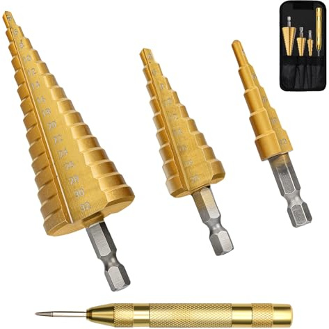 ⛬ DURI Professional Step Drill Bit Set, 4-12/20/32mm | Titanium HSS, Hex Shank, With Center Punch, Cone Cutter for Fast Cutting, For Metal, Steel Plate, Plastic & Wood