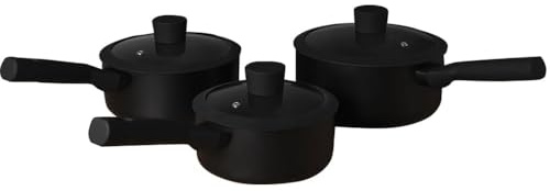 wilko Ayano 3-Piece Saucepan Set, 16/18/20cm, Black, Heavy-Gauge Aluminium, Soft-Touch Handle, Non-Stick, Glass Lid, Induction Compatible