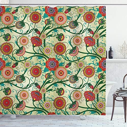 ABAKUHAUS Blumen Duschvorhang, Oriental Inspirations, Stoffliches Gewebe Badezimmerdekorationsset mit Haken, 175 x 180 cm, Rot Grün