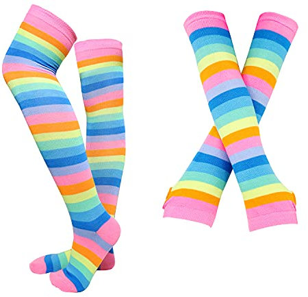 Bienvenu Gestreifte Kniestrümpfe für Damen, Armwärmer, fingerlose Handschuhe, Mehrfarbig, Einheitsgröße