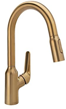 hansgrohe Focus N Gold Bar Küchenarmatur, Küchenarmaturen mit herausziehbarem Sprüher, Wasserhahn für Küchenspüle, gebürstete Gold-Optik 71801251