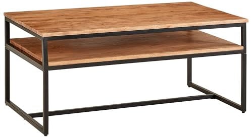 FineBuy Couchtisch Akazie Massivholz 100 cm · Wohnzimmertisch mit Ablage und schwarzem Metallgestell · Rechteckiger Industrial Tisch im modernen Loft Design Braun