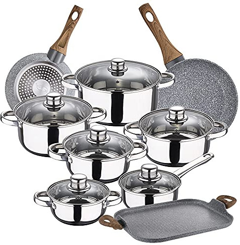 Bateria de cocina 12 piezas SAN IGNACIO Cassel en acero inoxidable con juego de sartenes (18/26 cm) y grill 35,5x28,3 cm SAN IGNACIO Daimiel en alumin