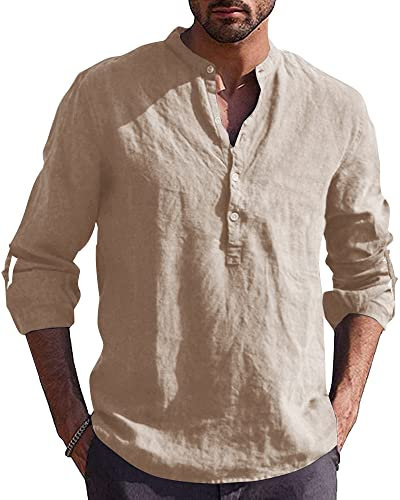 AUDATE Mens Henley Shirt Grandad Collar Linen Cotton Long Sleeves Casual Shirts Khaki 3XL
